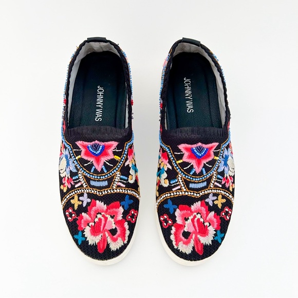 Johnny Was Festival Slip On Sneaker Floral Loafer Beaded Black Pink Boho 9.5 - Picture 3 of 10